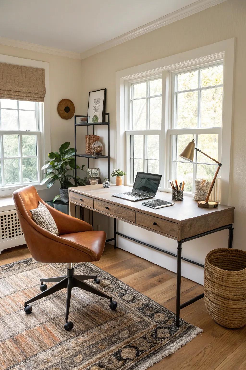 A family room featuring a discreet, functional home office nook.