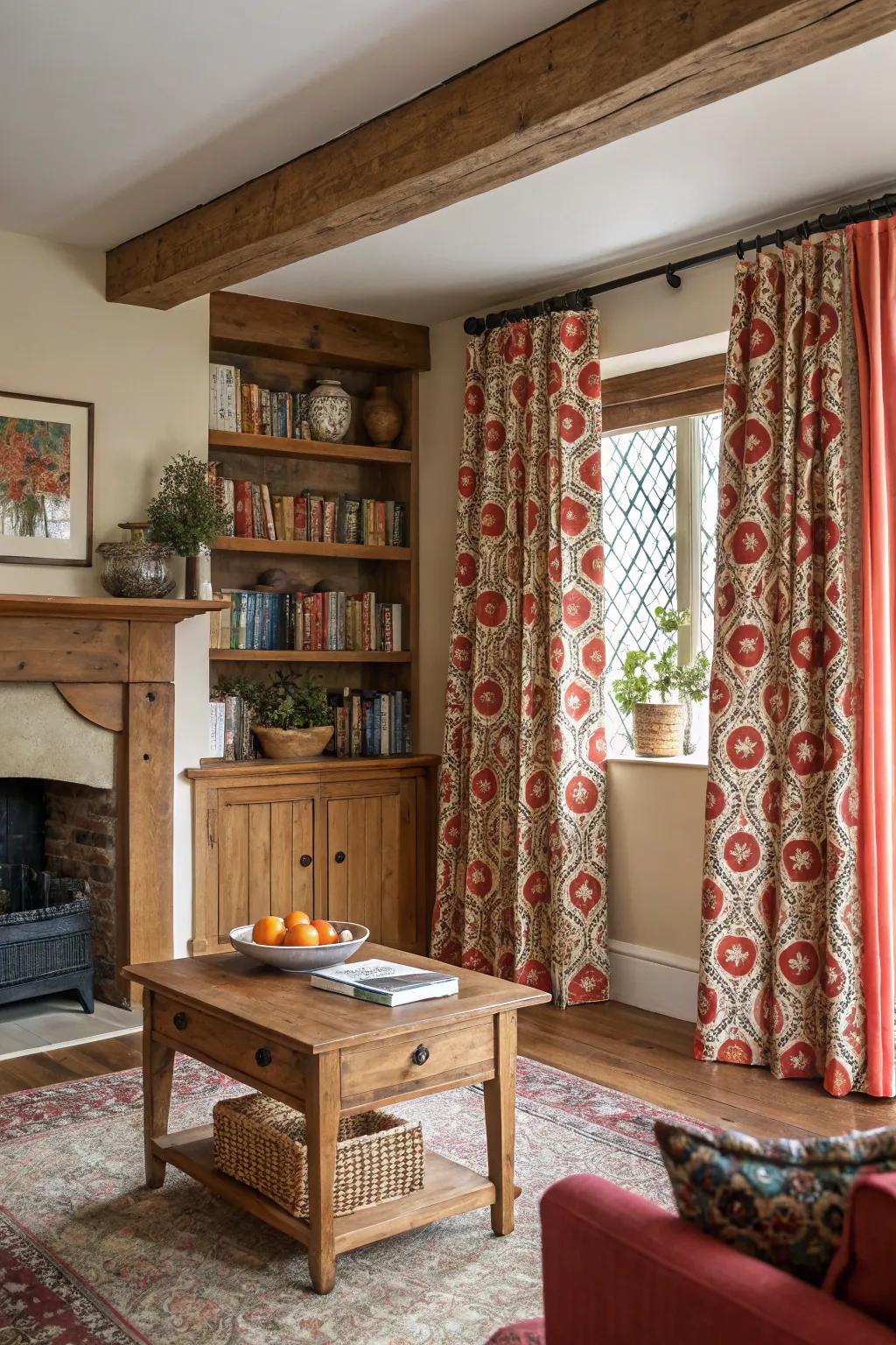 Bold patterned cloths appending a burst of color to a vibrant countryside sitting room.