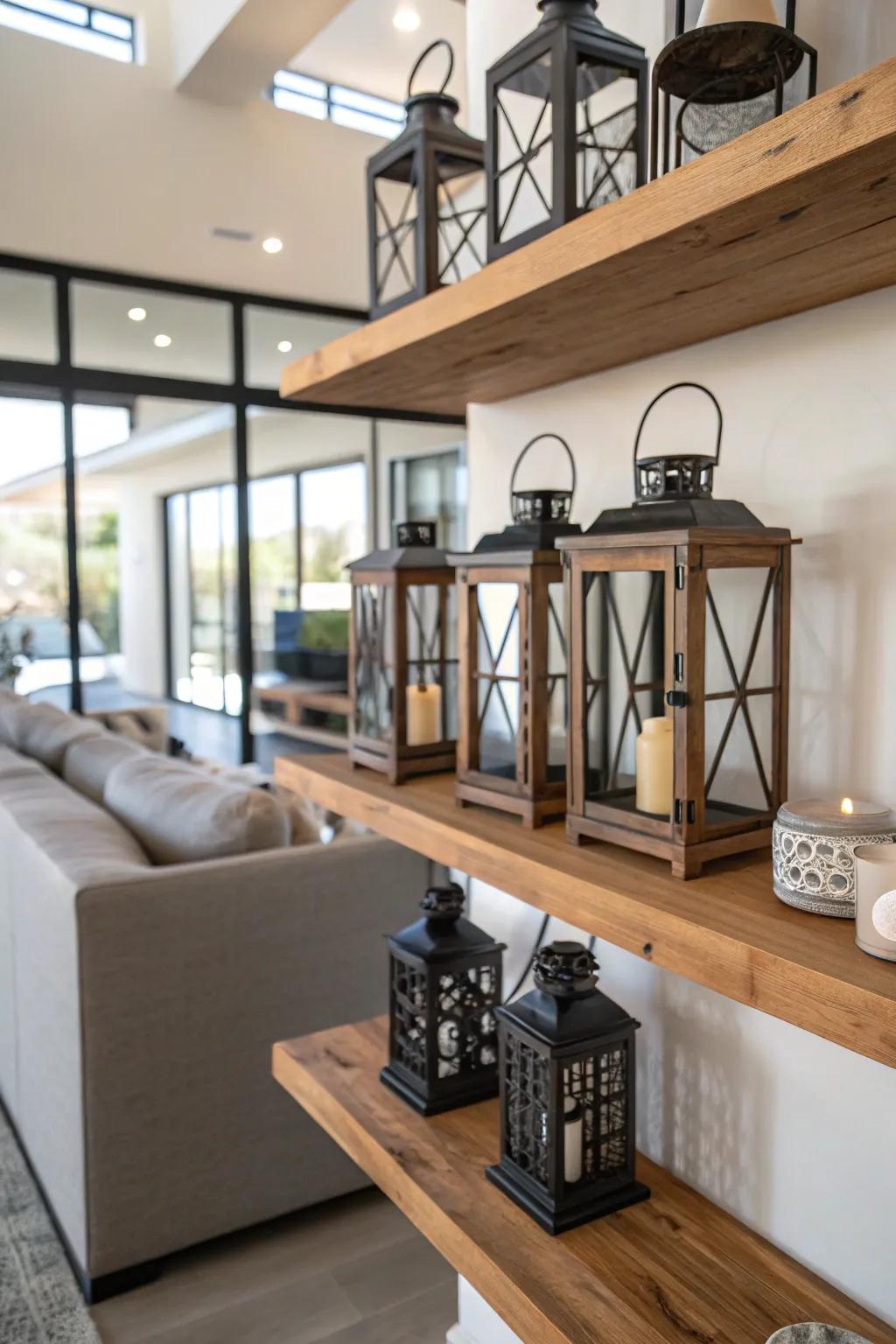 Overhead shelves provide an inventive display option.