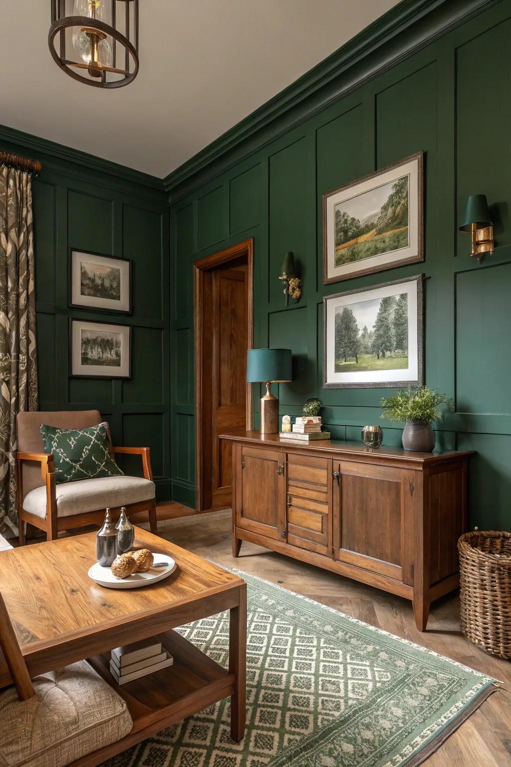Forest green walls render a bold statement within this farmhouse environment.