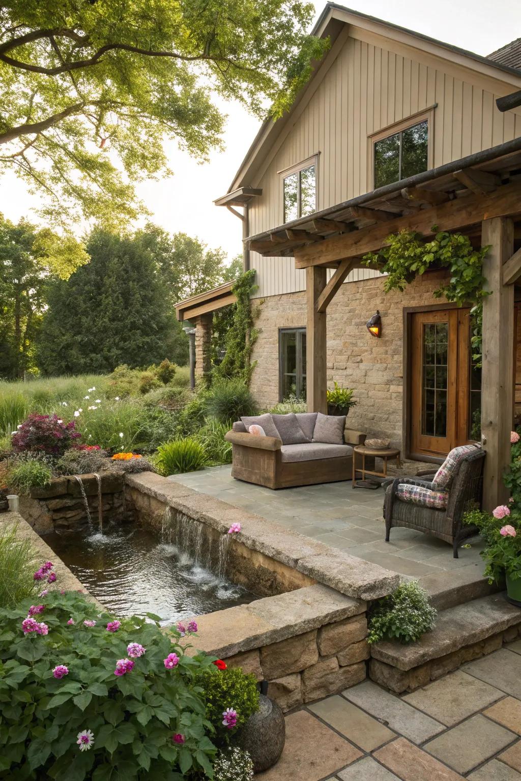 A water feature introduces tranquility to a farmhouse patio.