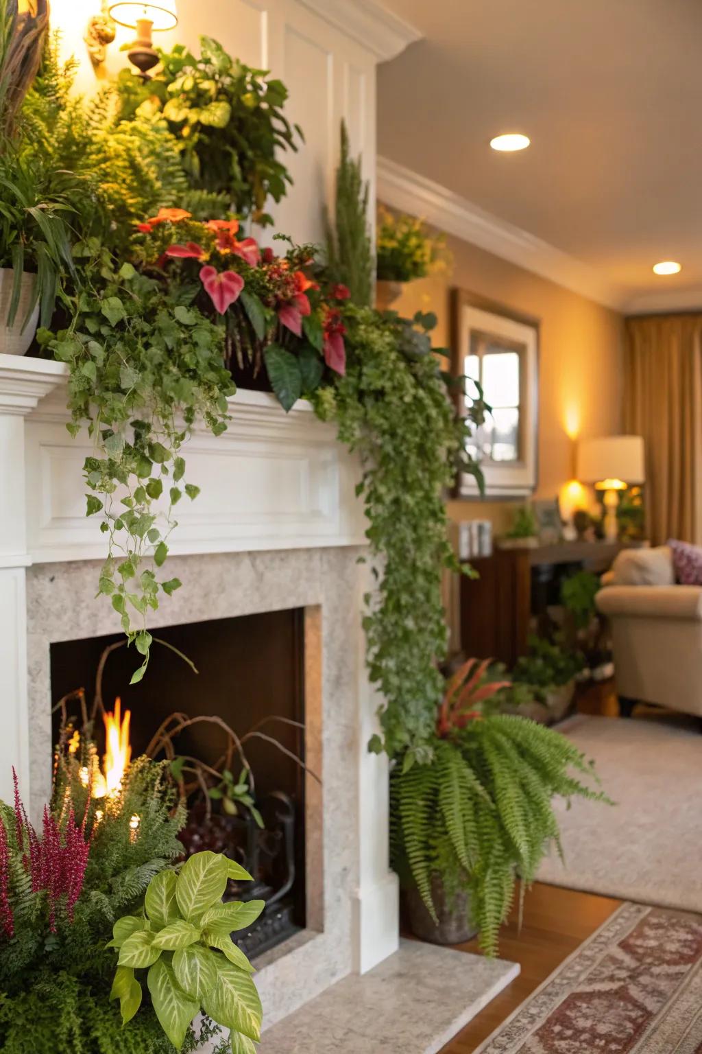 An artificial fireplace filled by ample verdure intended to introduce a dynamic touch.