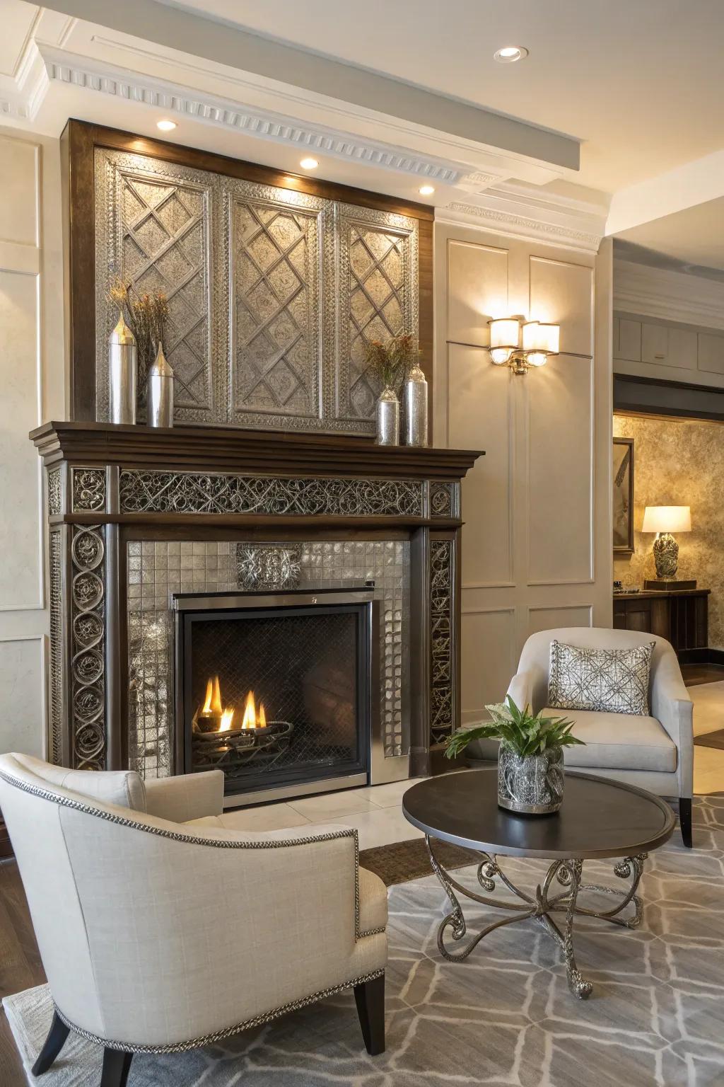 Metallic components add a dash of glamour to this fireplace.