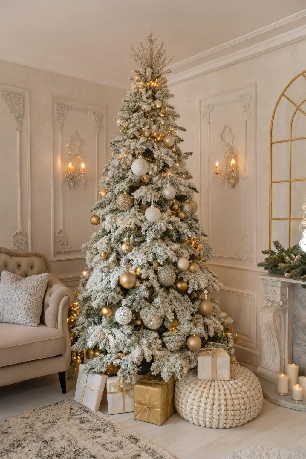A gleaming neutral-themed flocked Christmas tree.