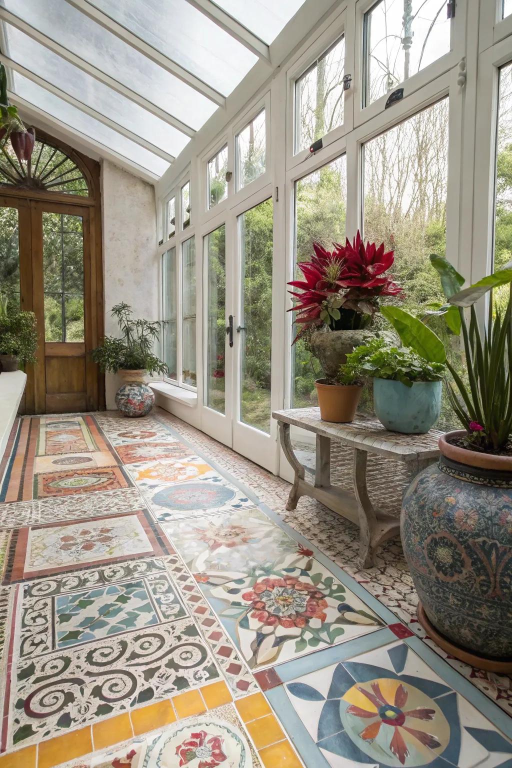 Creative sunroom that features designed tile flooring.