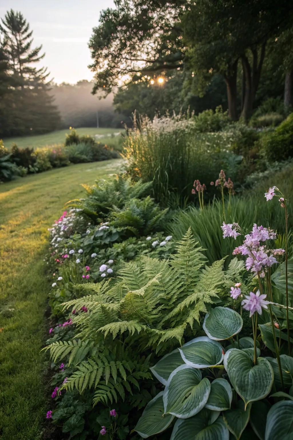An exuberant floral perimeter in a shaded region, showcasing shade-tolerant flora like ferns and hostas.