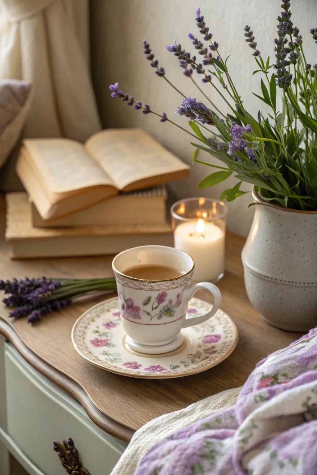 Lavender designs creating a tranquil atmosphere.