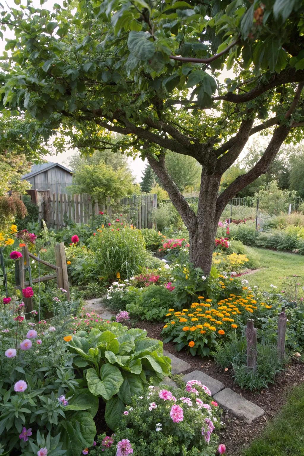 An appealing blend of flowers and edibles encompasses this tree, delivering beauty and function.