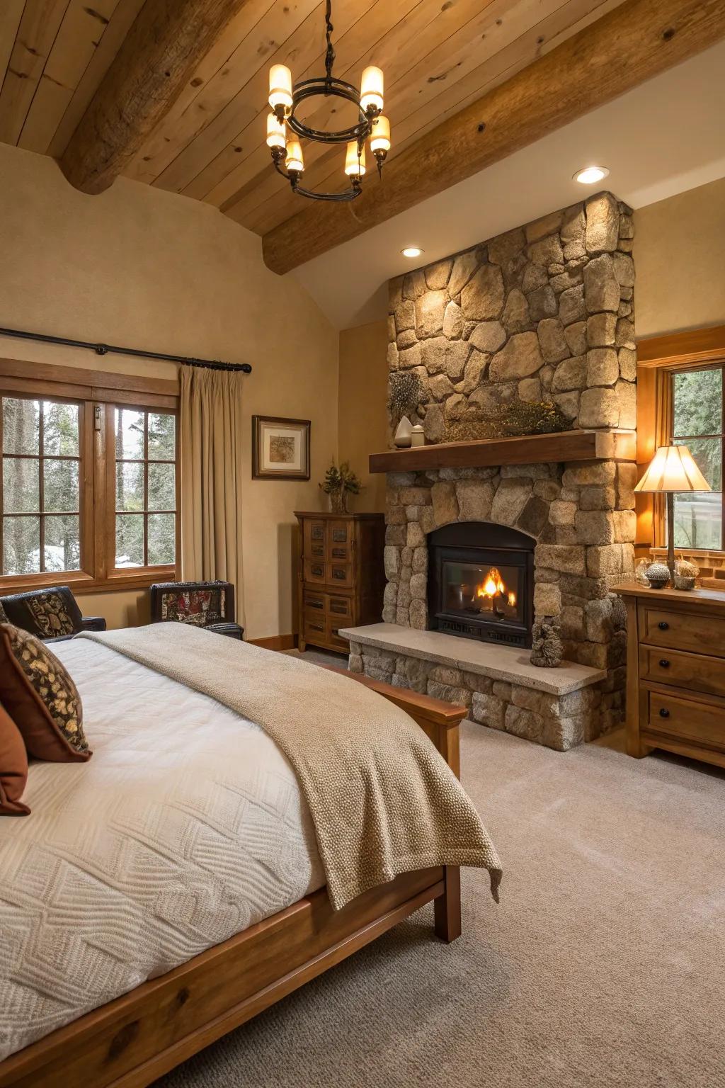 A fireplace provides warmth and a countryside point of focus.