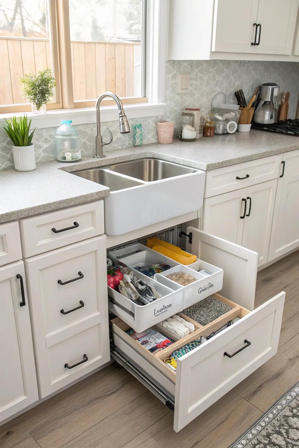 An arranged kitchen area with a independent sink and clever storage options.