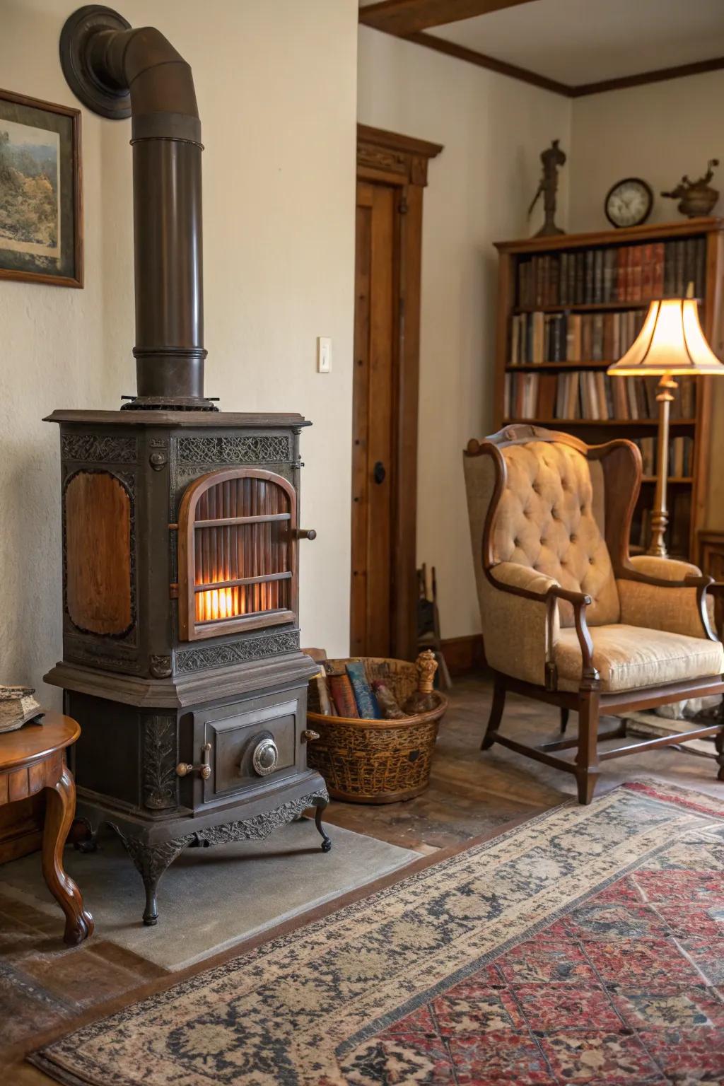 The room is given a classic touch by the vintage fireplace.