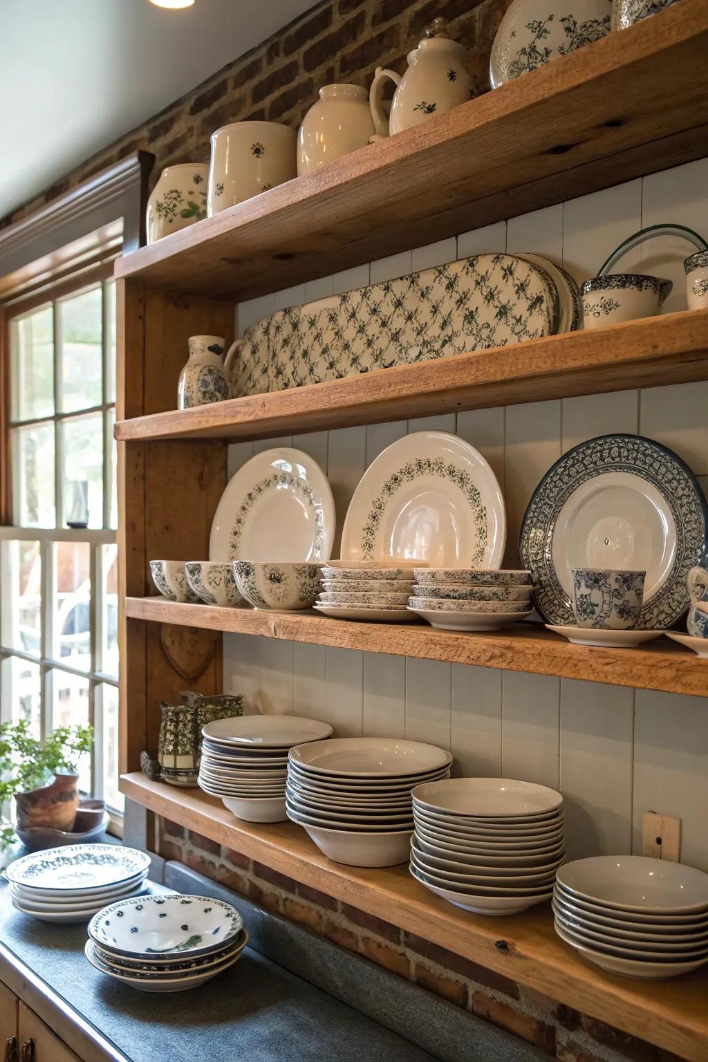 Ironstone dinnerware adds a dash of appeal to open kitchen shelving.