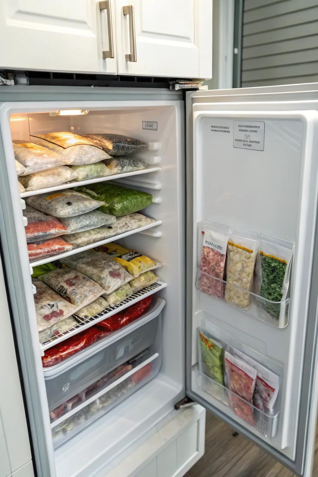 Vacuum-sealed bags save space and preserve freshness.