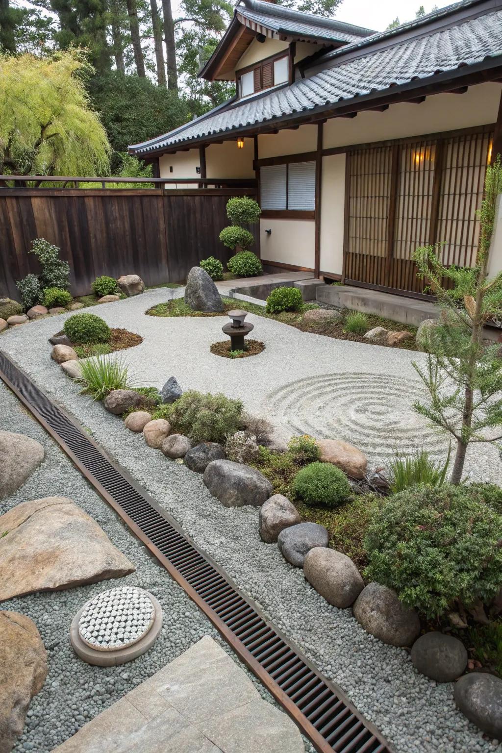 A serene Japanese Contemplative garden featuring a French drain, perfect for meditation and drainage.