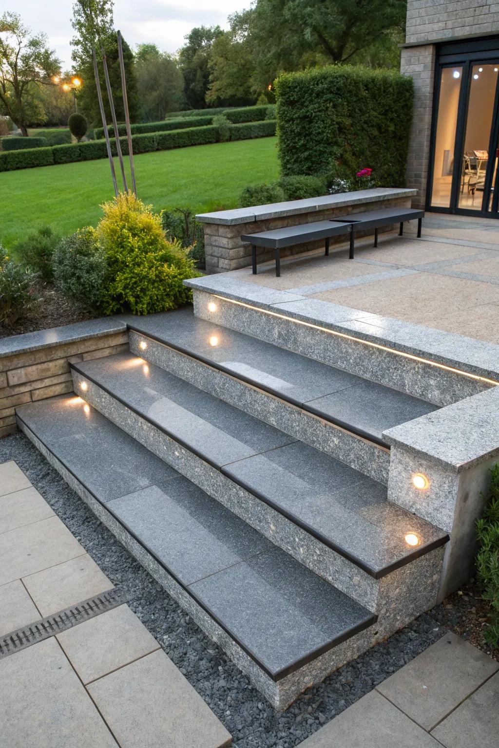 Built-in seating makes granite steps useful.