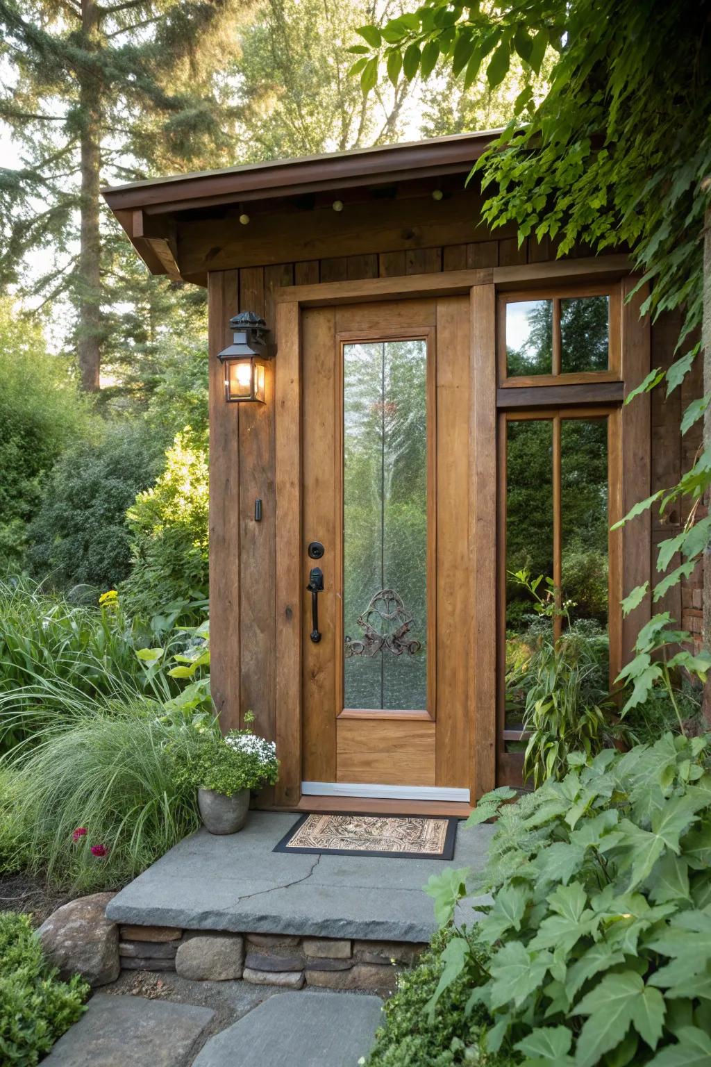 An earth-friendly entryway with reclaimed wood and recycled glass.
