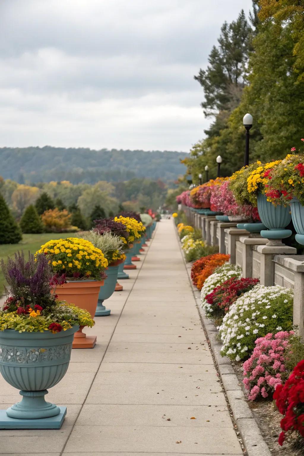 Planters filled with seasonal blooms inject charm and vibrancy.