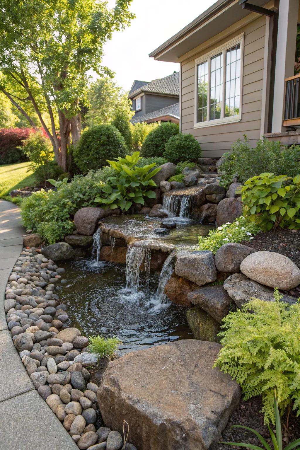 Water installations with stones imbue calm into your yard.