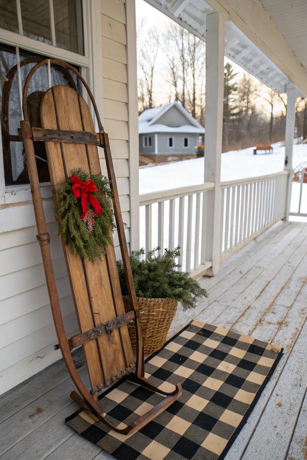 A vintage sled adds nostalgic charm to your porch design.