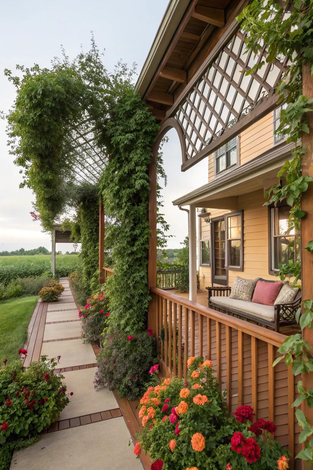 Frameworks loaded with climbing flora add height to this front porch.