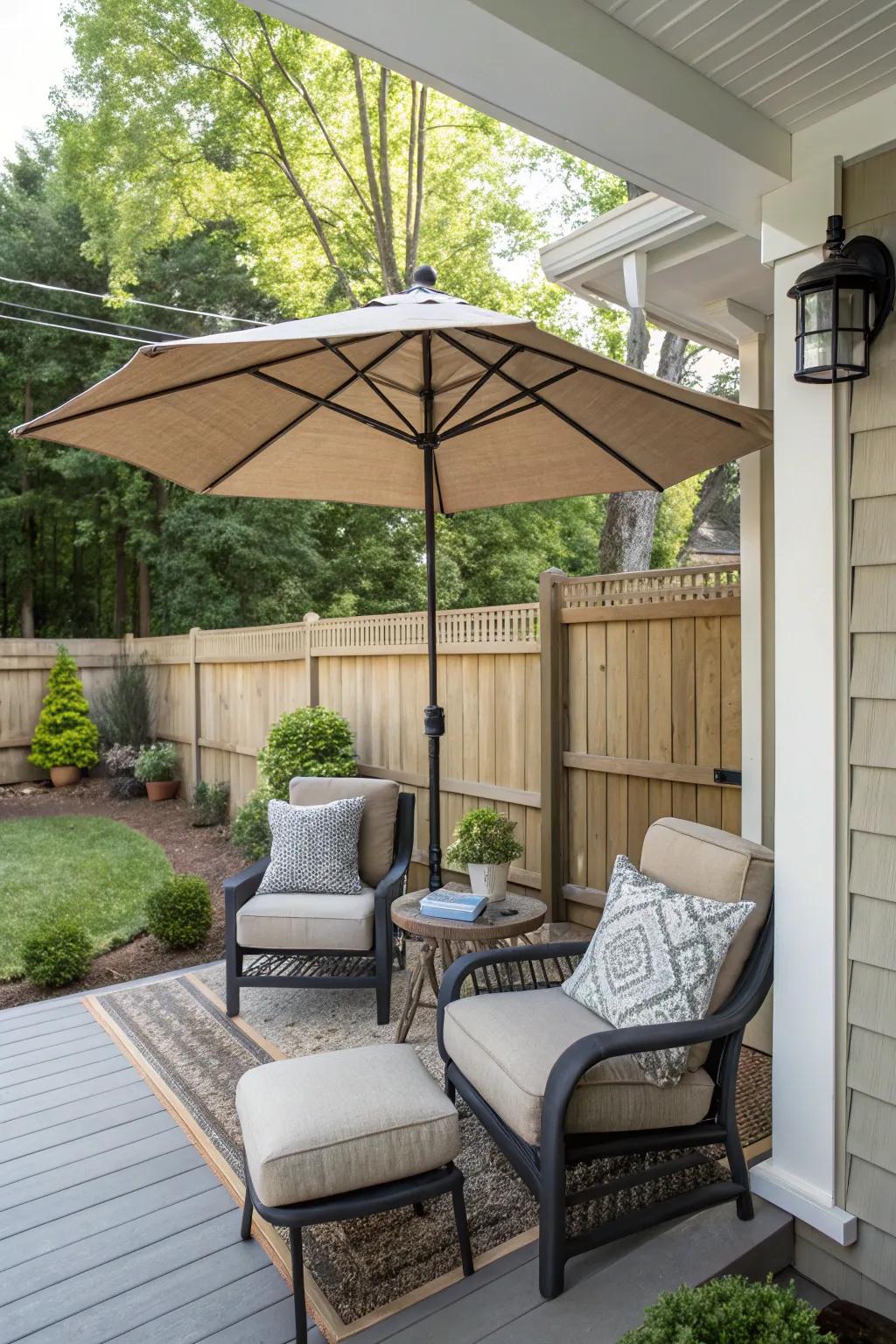A patio parasol furnishes shade and seclusion on a fashionable front porch.
