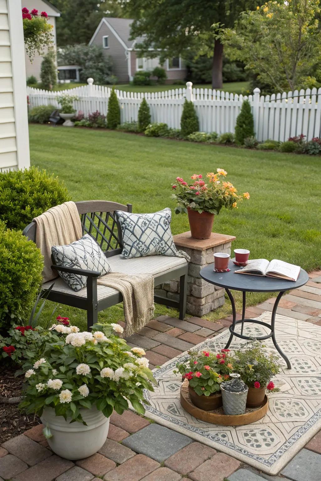 A seating spot makes your front yard a welcoming space for relaxation.