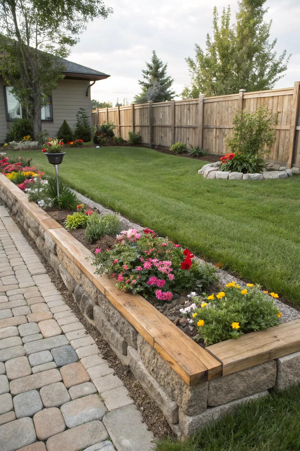 Mixed material borders define and elevate areas.