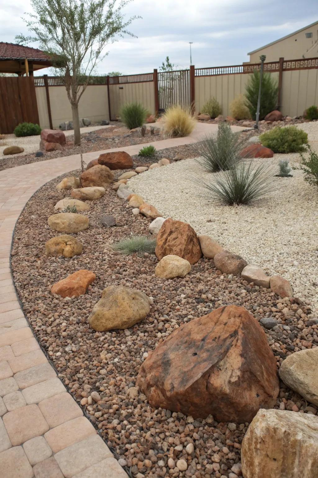 Gravel mulch with accent rocks offering texture and moisture retention.