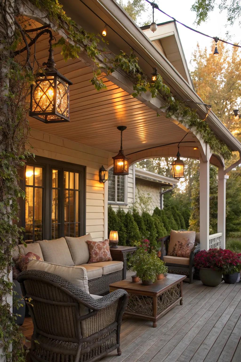 Vintage lighting contributes a nostalgic charm to the veranda.