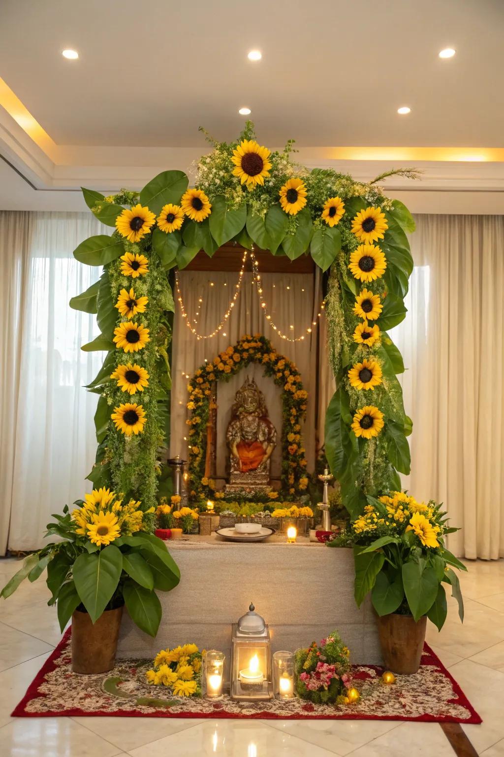 Sunburst blooms injecting a cheerful aura into the Ganpati setup.