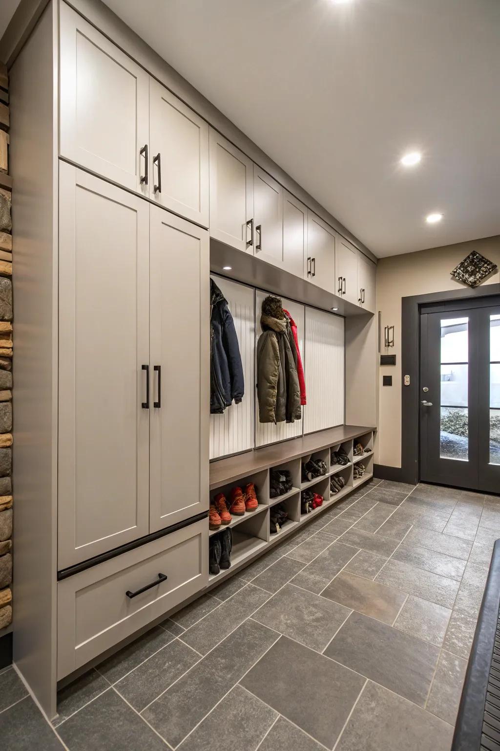 Hidden storage cabinets keep the mudroom uncluttered and sleek.