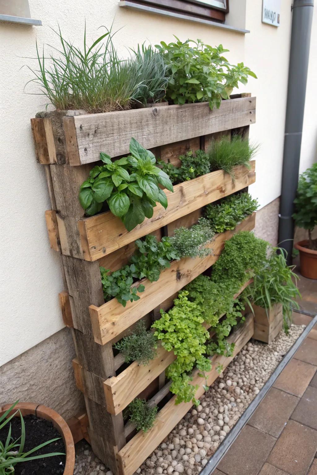 A tiered spice garden using a wooden pallet.
