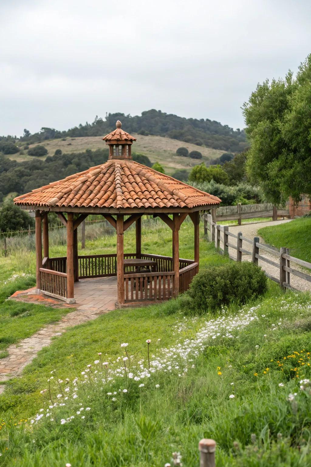 Baked clay tiles offer an earthy, warm touch that complements outdoor environments.