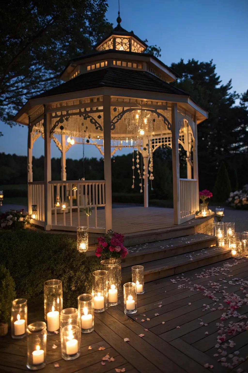 Suspended wax lights cast a gentle and sentimental radiance.