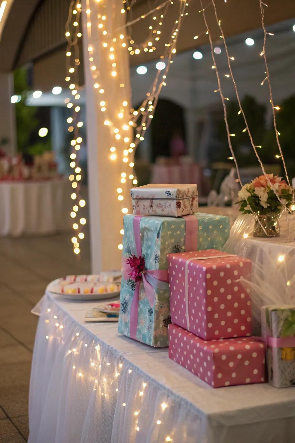 Design an enchanting atmosphere with sparkle lights on your present setting.