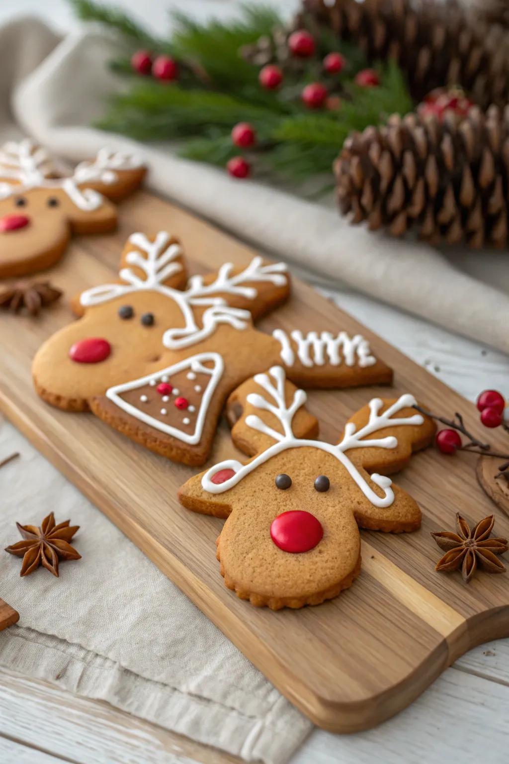 Reindeer biscuits poised to steer Santa's sleigh.