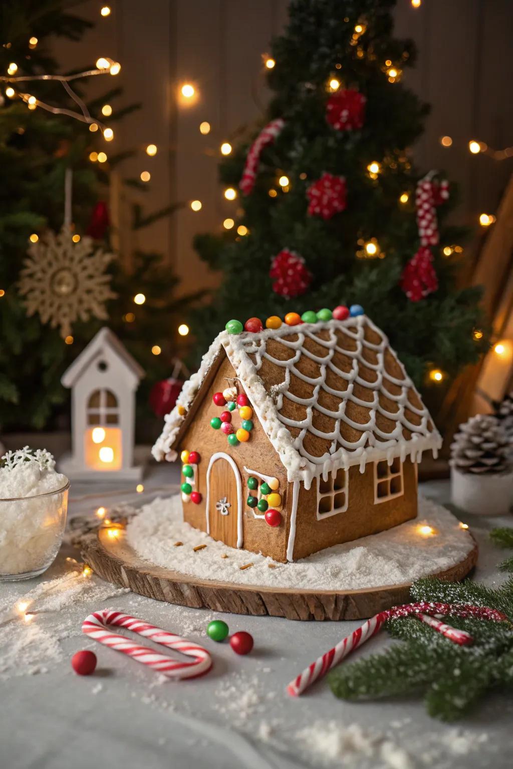 A gingerbread peak adorned with interwoven black sweet cord embroidery.
