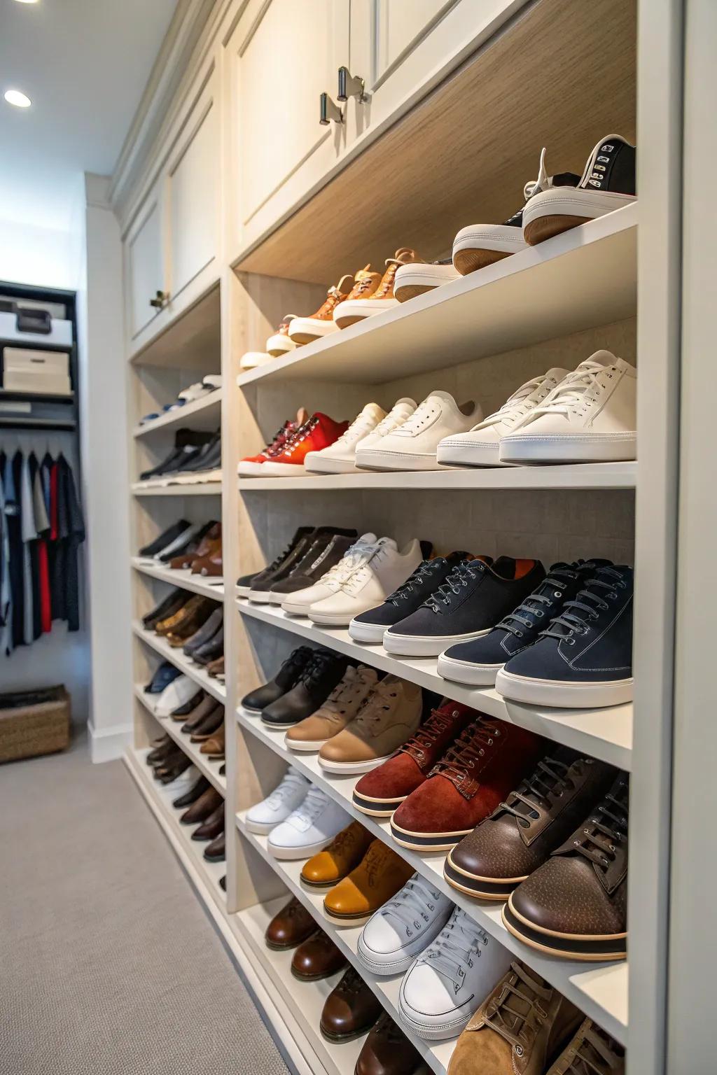 A footwear wall transfigures stowage into a stylish aesthetic.