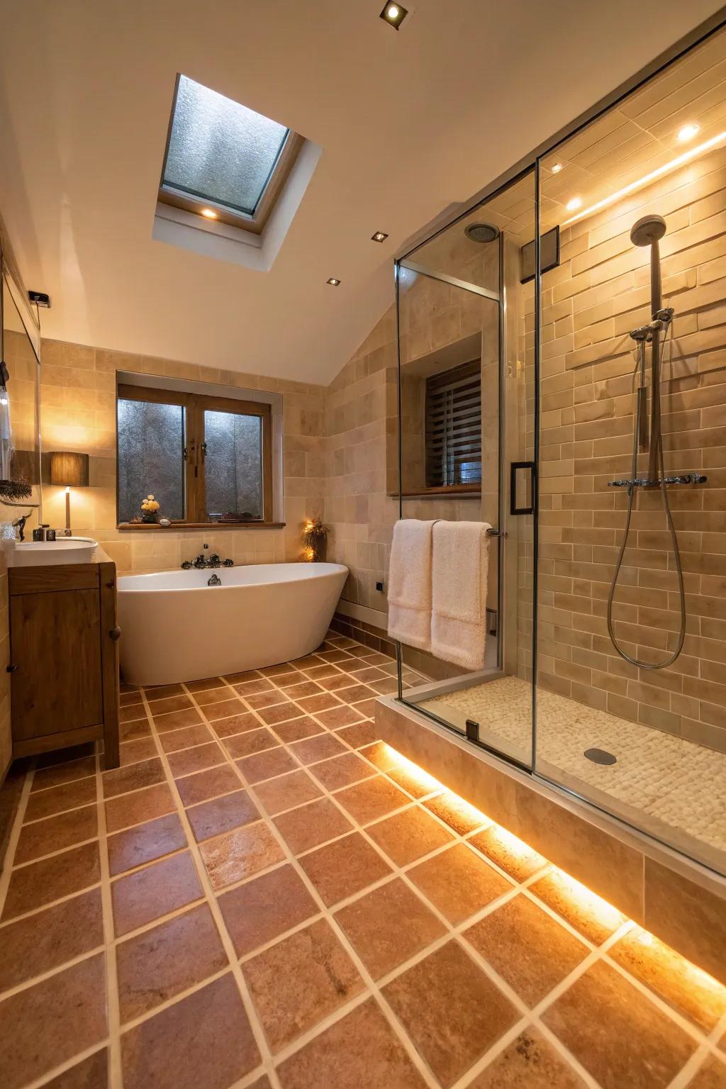 A cozy bathroom features heated floor tiles.