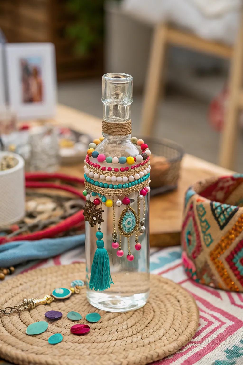 A beaded bottle radiating bohemian flair.