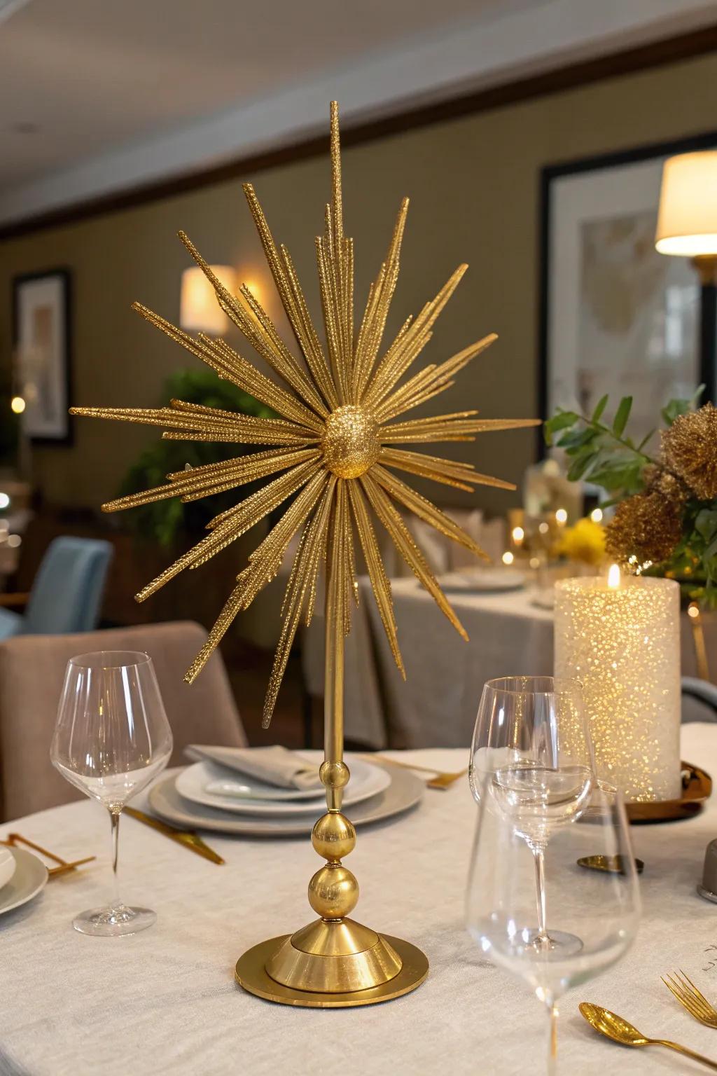 Dazzling gilded celestial burst sculpture as a focal element.
