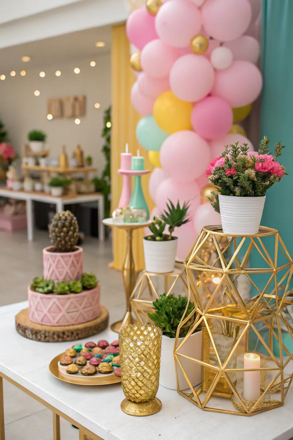 Current geometric gold details create a contemporary flair.