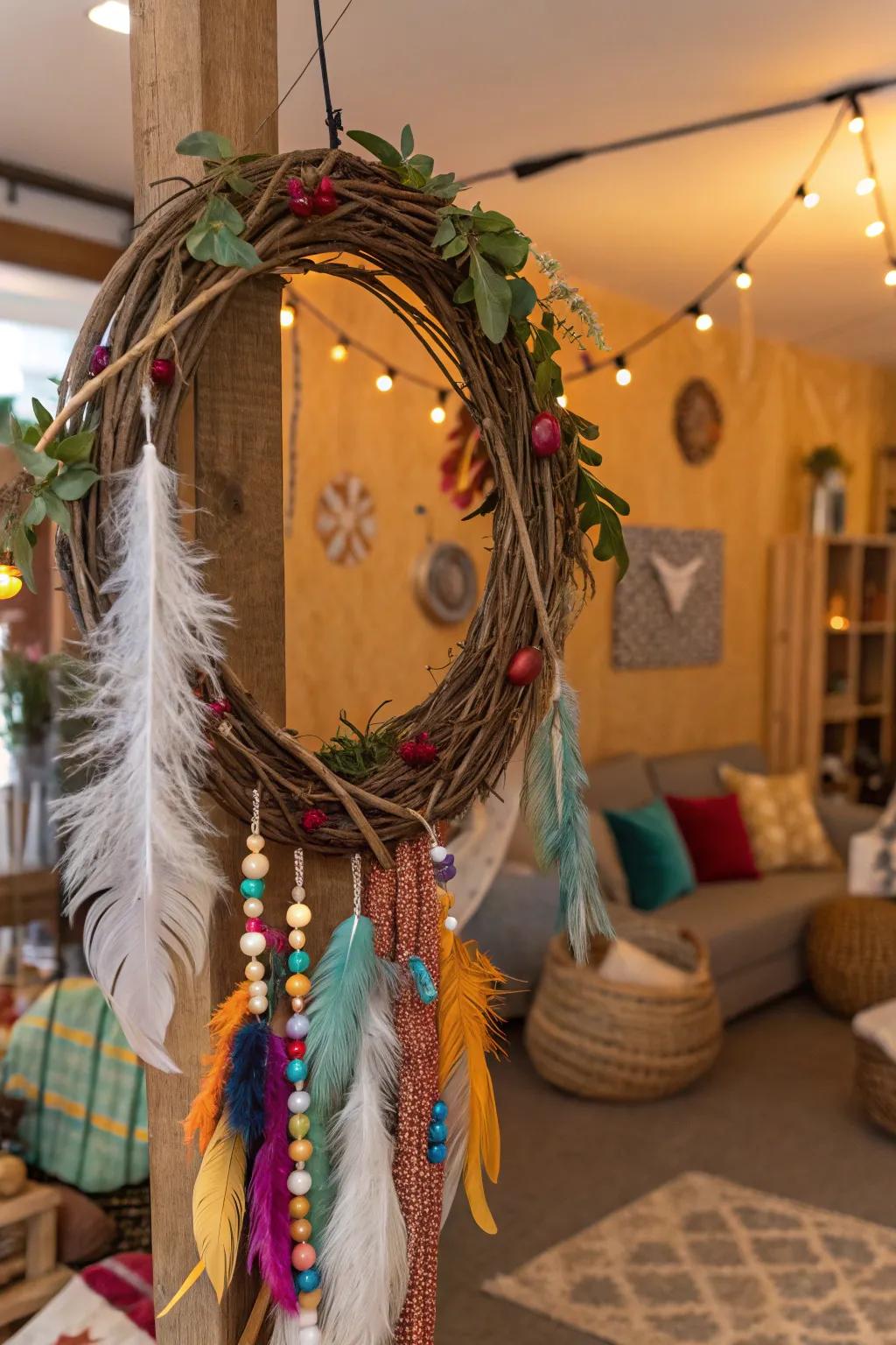 A free-spirit-themed natural fiber wreath displaying hanging cords and plumes.