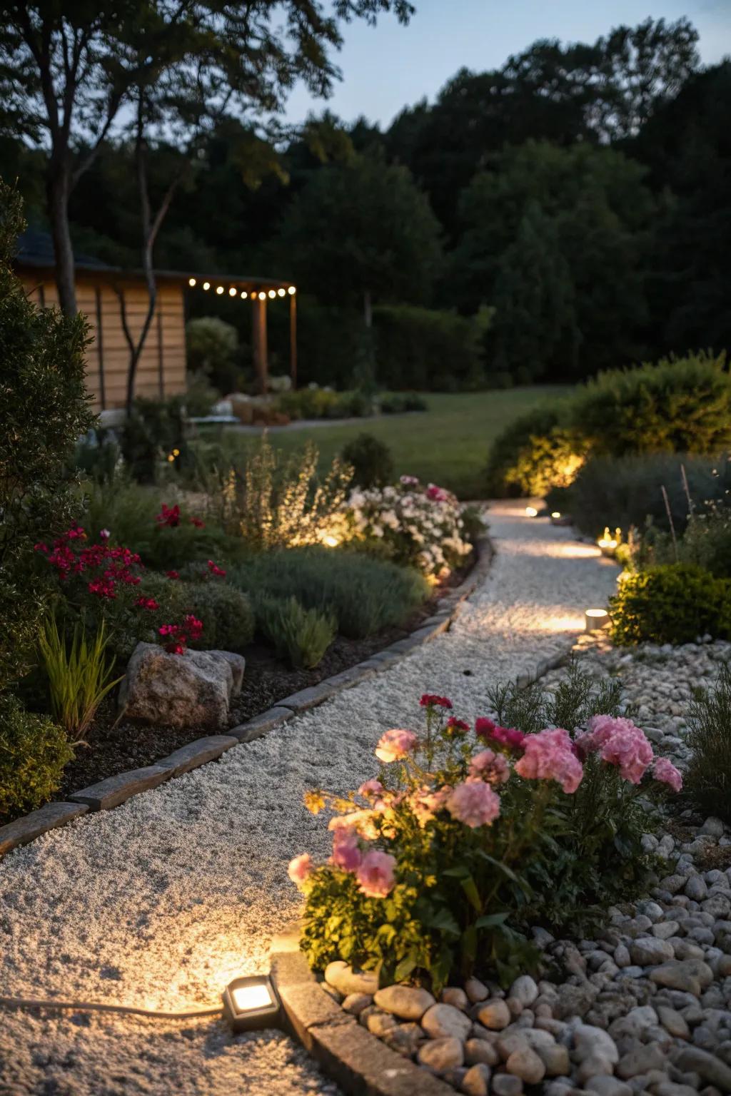 A stone garden beautifully illuminated for nighttime enjoyment