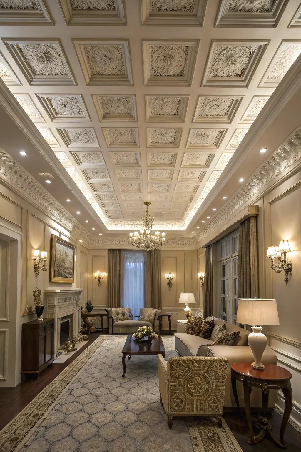 Sunken panel ceilings contribute sophistication and structural fascination.