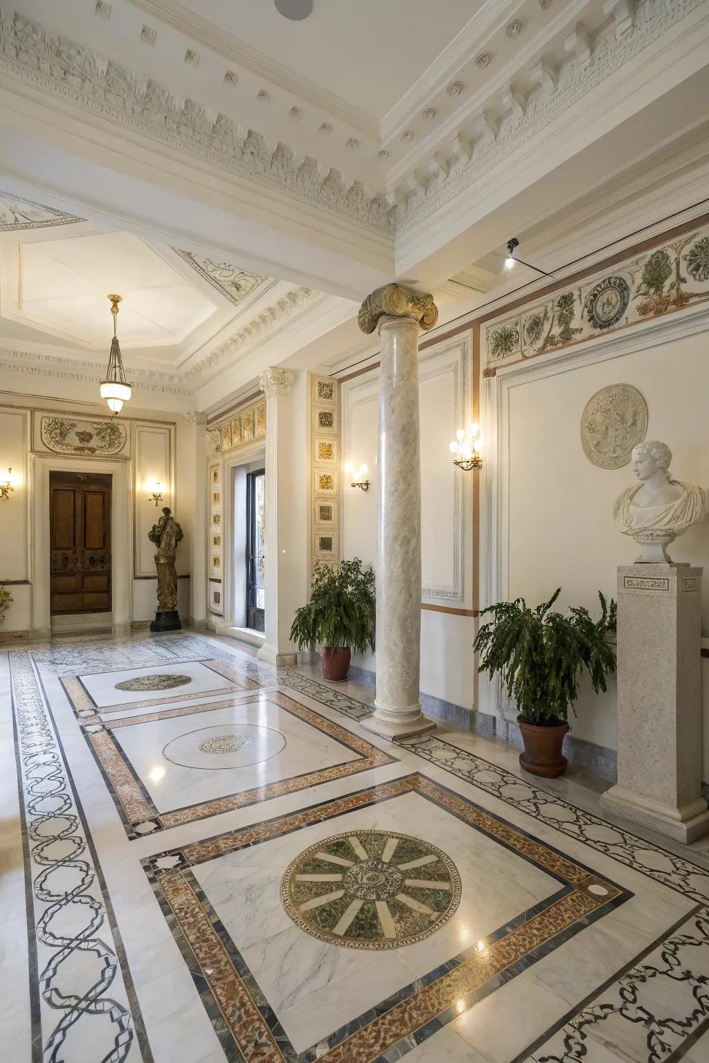 Stone flooring adds elegance and practicality to Hellenic interiors.