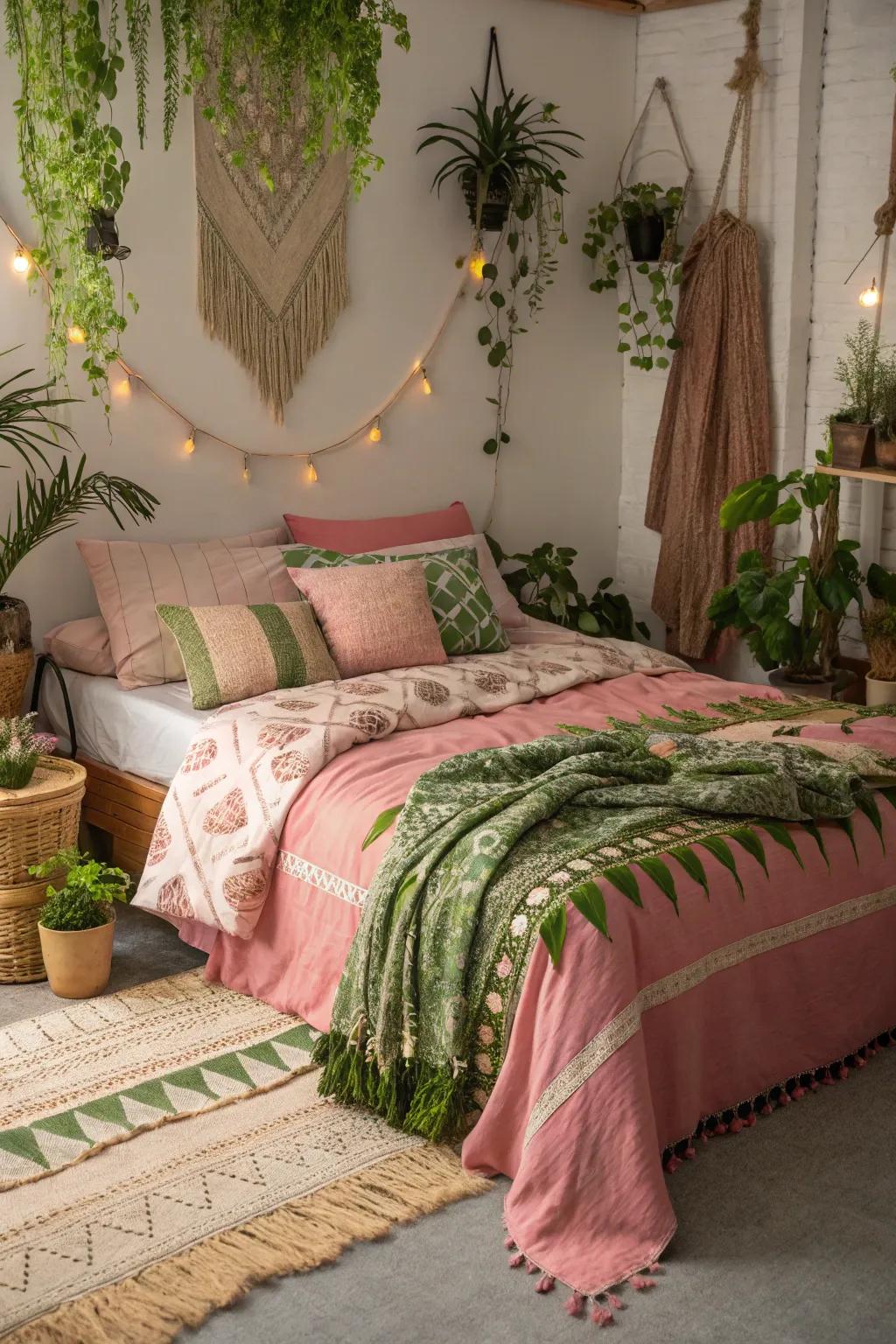 Bohemian layers of rosy and verdant fashion a lively and expressive space.