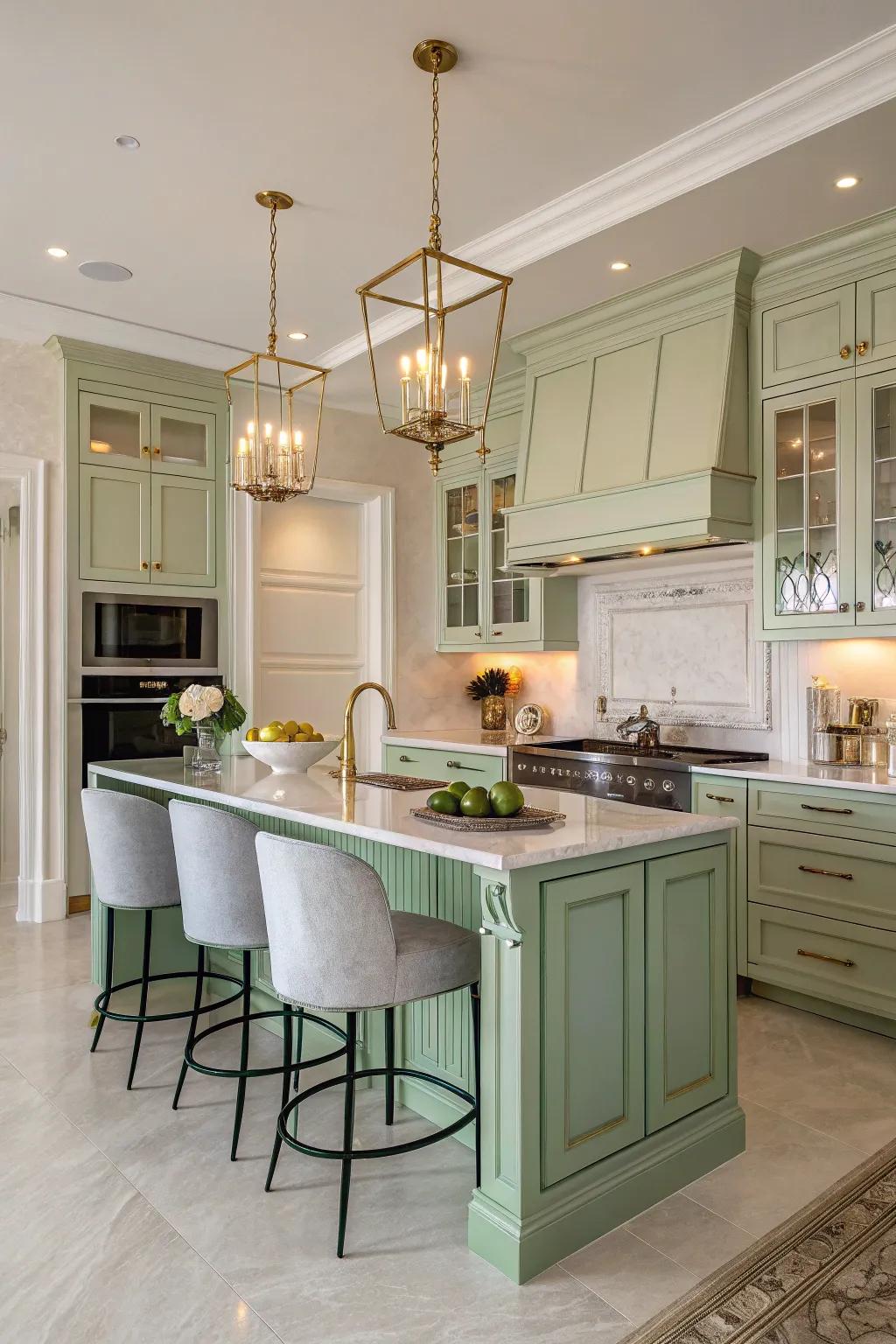 Sophisticated culinary space featuring subtle shell green accents.