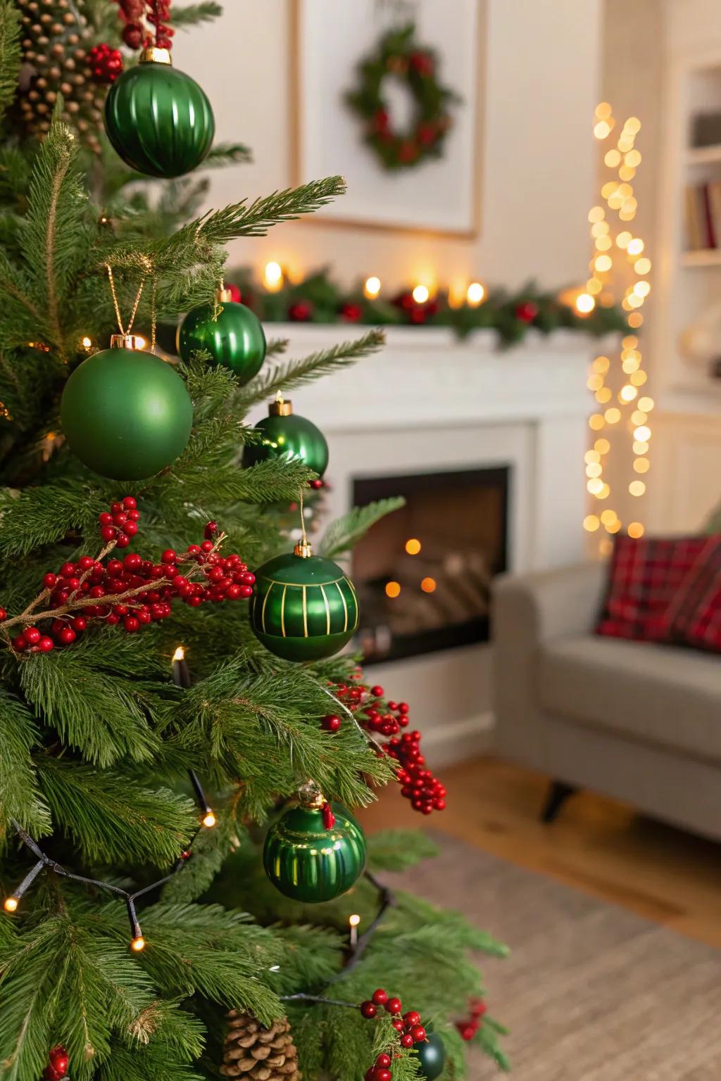 Vibrant natural accents with berries and green ornaments.