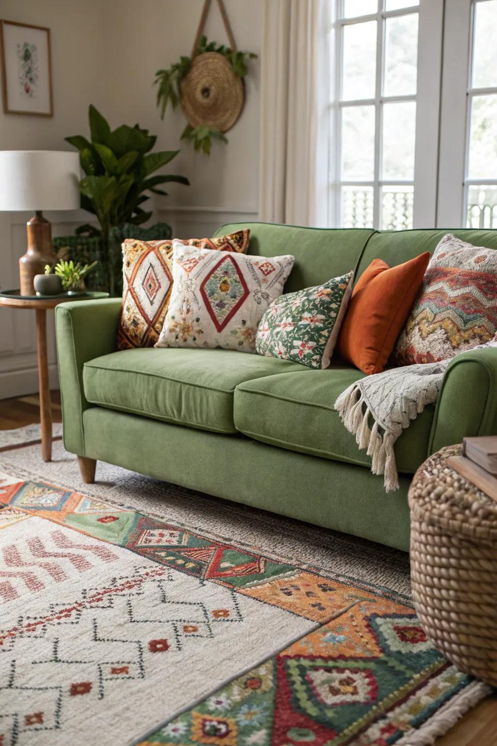 Blending patterns with an emerald sofa injects vibrancy and a playful accent to the area.